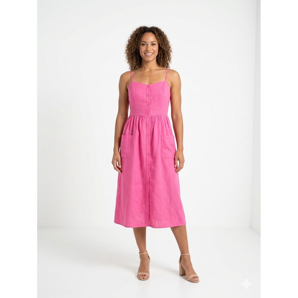 Petal + Pup Pink Linen Cotton Blend Button Front Midi Dress Smocked Back‎ US 4